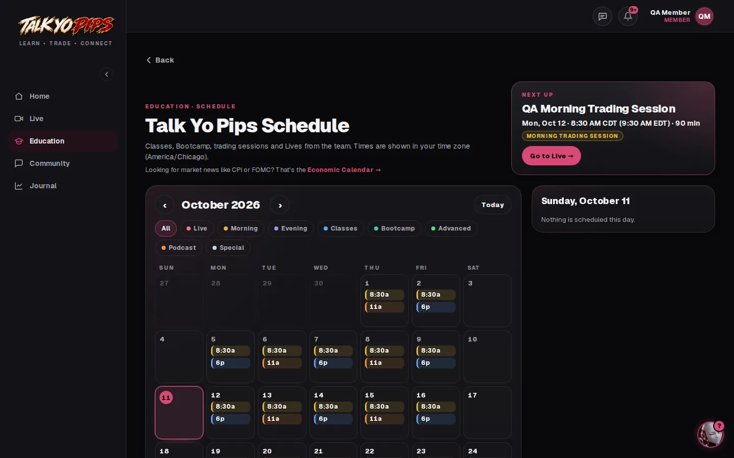 The Talk Yo Pips Schedule in the app: a month of trading sessions, shown with demo data